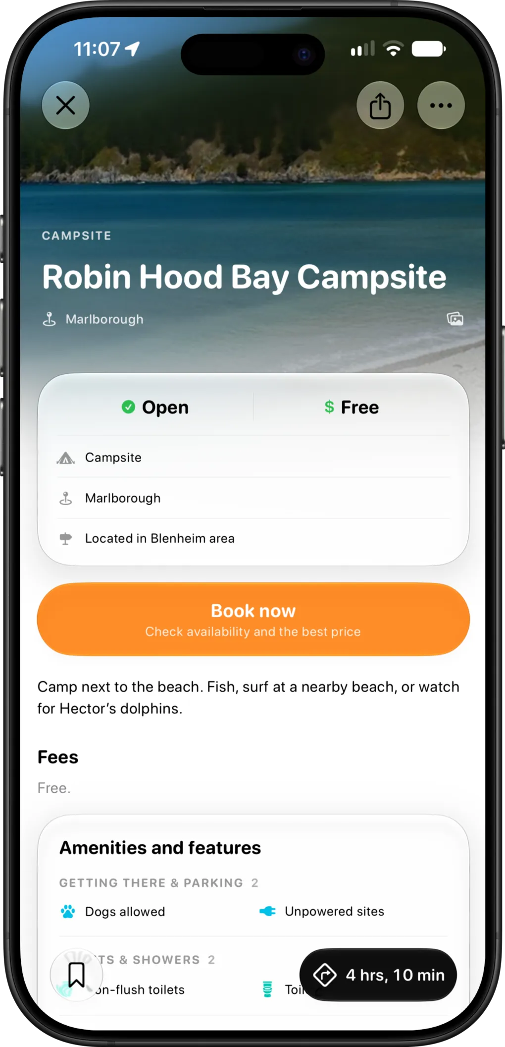 A KiwiCamping place screen for Robin Hood Bay Campsite in Marlborough, showing the free fee, opening status, amenities and a booking link
