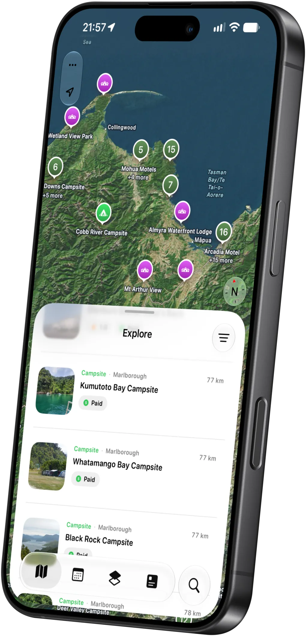 The KiwiCamping map for New Zealand, with campsite, holiday park and freedom camping pins across Golden Bay and the Explore list of nearby places below